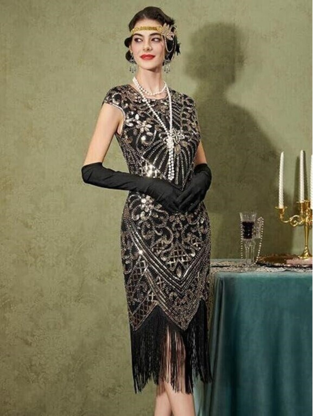YESSA 1920s Flapper Dress Black Gold Sequin Fringe Costume With Accessories